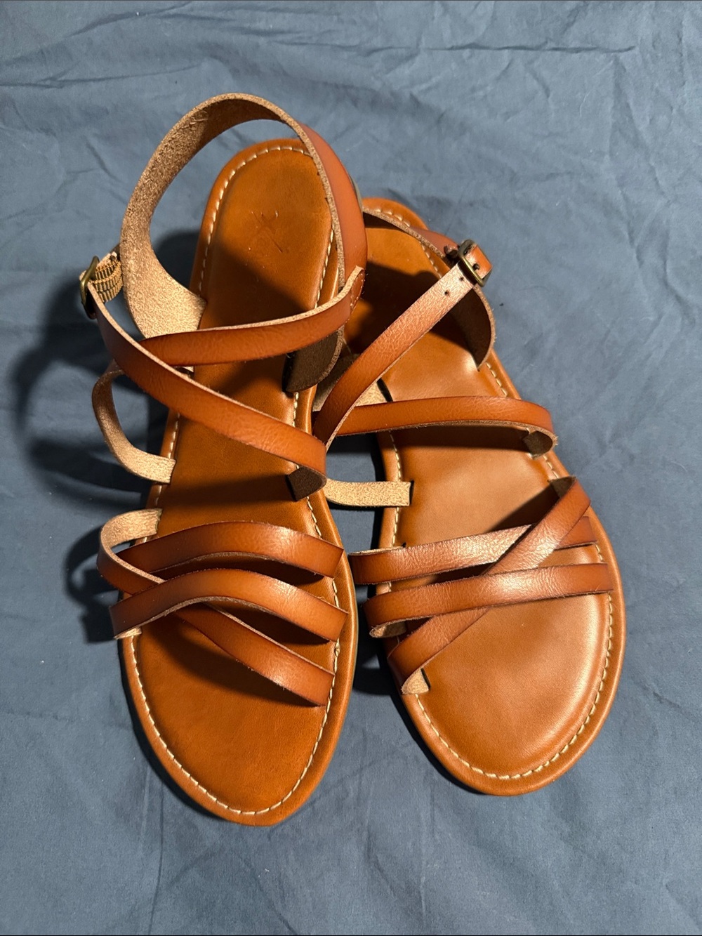 Women's Multi-Strap Tan Leather Sandals with Ankle Buckle